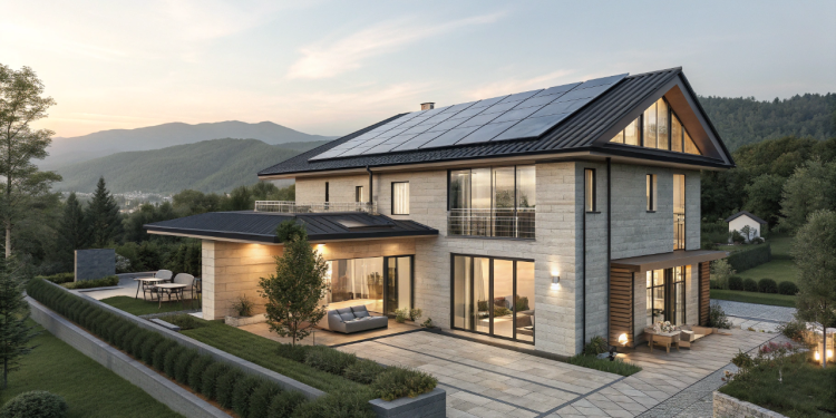 O projeto de 52 metros quadrados com telhado de telhas fotovoltaicas que parecem cerâmica, mas geram energia para toda a residência