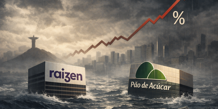Raízen e Pão de Açúcar enfrentam tempestade dos juros altos. Imagem gerada por IA.