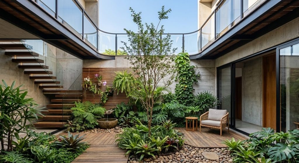 projeto de sobrado compacto com jardim interno de 85 metros quadrados