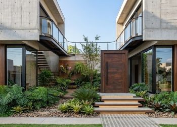 projeto de sobrado compacto com jardim interno de 85 metros quadrados