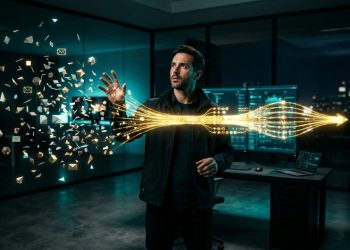 First-person POV photography, wide-angle lens. The viewer's hands are resting behind their head in a gesture of absolute satisfaction. In front of them, the main monitor displays a clean, elegant notification: "Automation Successful: New Contract Signed - $4,000 USD". Visual hook: The soft, warm glow of the notification illuminating the dark room. Master lighting: Atmospheric office lighting at night, with dust beams caught in the monitor's light. Implied narrative: The silent relief of a system that works without human intervention. Shot on 20mm wide lens, hyper-realistic, deep blacks. AVOID / NEGATIVE: readable text, logos, watermarks, QR codes, UI overlays, subtitles, extra fingers, deformed hands, wrong finger count, mangled hands, asymmetrical faces, plastic skin, wax skin, uncanny expressions, stock photo smile, distorted perspective, cluttered scenes, busy backgrounds, HDR halos, oversharpening, cartoon, 3D render, anime, unrealistic lighting, fake CGI glow, dollar signs floating, 2D charts.