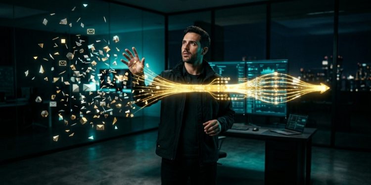 First-person POV photography, wide-angle lens. The viewer's hands are resting behind their head in a gesture of absolute satisfaction. In front of them, the main monitor displays a clean, elegant notification: "Automation Successful: New Contract Signed - $4,000 USD". Visual hook: The soft, warm glow of the notification illuminating the dark room. Master lighting: Atmospheric office lighting at night, with dust beams caught in the monitor's light. Implied narrative: The silent relief of a system that works without human intervention. Shot on 20mm wide lens, hyper-realistic, deep blacks. AVOID / NEGATIVE: readable text, logos, watermarks, QR codes, UI overlays, subtitles, extra fingers, deformed hands, wrong finger count, mangled hands, asymmetrical faces, plastic skin, wax skin, uncanny expressions, stock photo smile, distorted perspective, cluttered scenes, busy backgrounds, HDR halos, oversharpening, cartoon, 3D render, anime, unrealistic lighting, fake CGI glow, dollar signs floating, 2D charts.