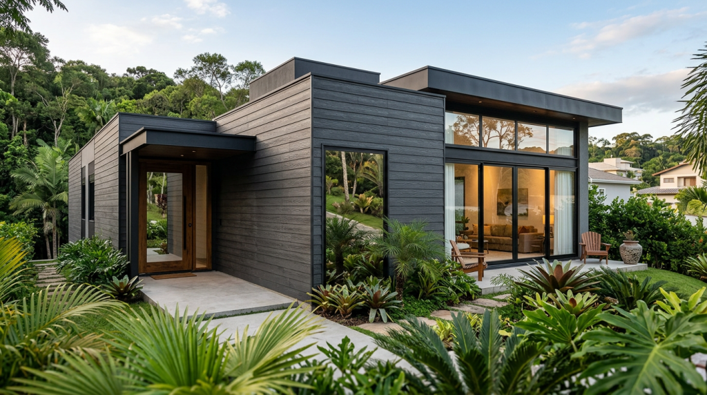 Como essa casa combina estética moderna e proteção com siding cimentício sobre membrana