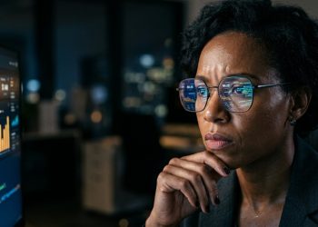 Especialista monitorando indicadores de lucro e métricas estratégicas em telas de alta resolução