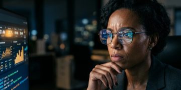 Especialista monitorando indicadores de lucro e métricas estratégicas em telas de alta resolução