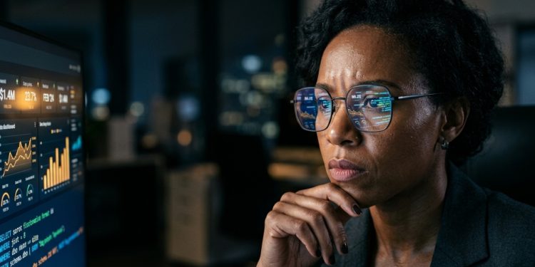 Especialista monitorando indicadores de lucro e métricas estratégicas em telas de alta resolução