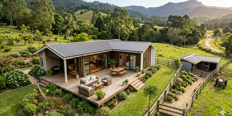 Casa em L com deck integrado de 88 metros quadrados