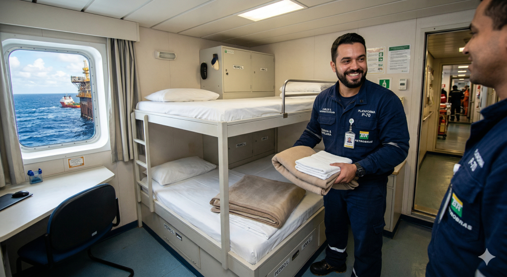 Com salário de R$ 5.500 e regime 14x14, a hotelaria offshore virou a porta de entrada para quem quer embarcar sem experiência técnica