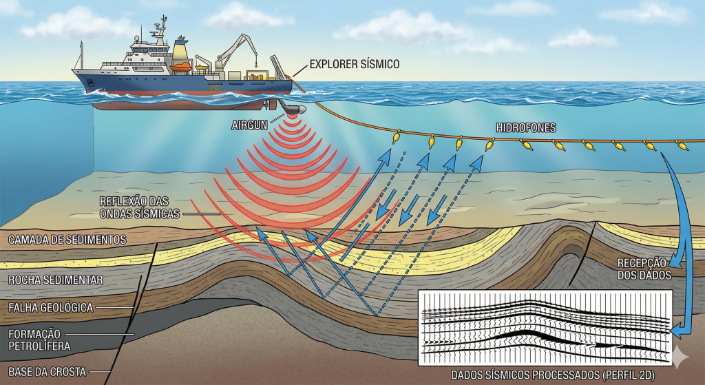 Mapeamento sísmico com ondas sonoras no oceano e exploração de energia
