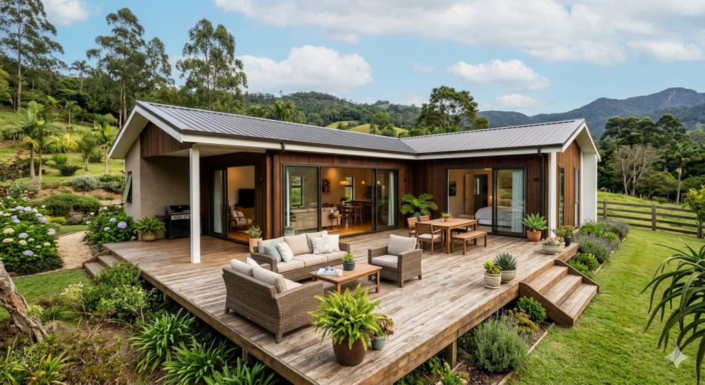 Casa em L com deck integrado de 88 metros quadrados