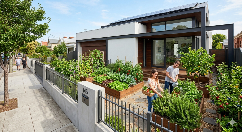 Casa urbana com recuo frontal produtivo de 60 metros quadrados une segurança, estética moderna e cultivo de alimentos