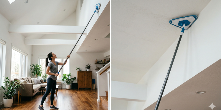 Mop de limpeza triangular que alcança até o teto vira o "braço direito" de quem cansou de subir em escada para limpar a casa