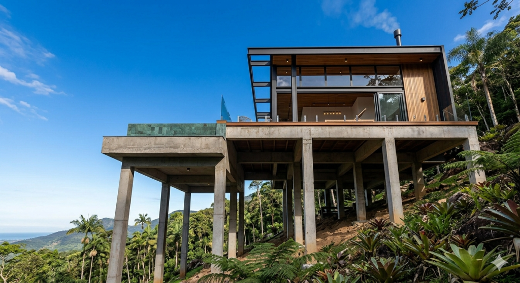 Projeto em terreno inclinado de 78 m²