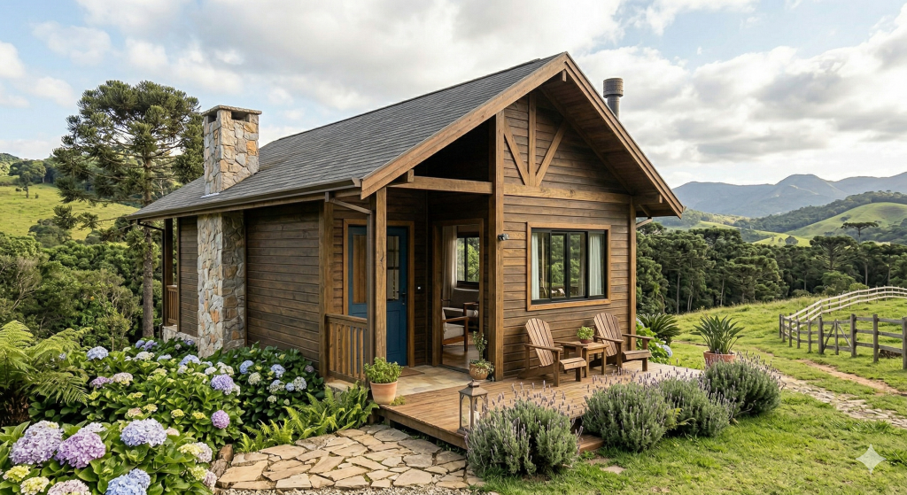 Casa de campo em Wood Frame de 90 metros quadrados: isolamento térmico e acabamento