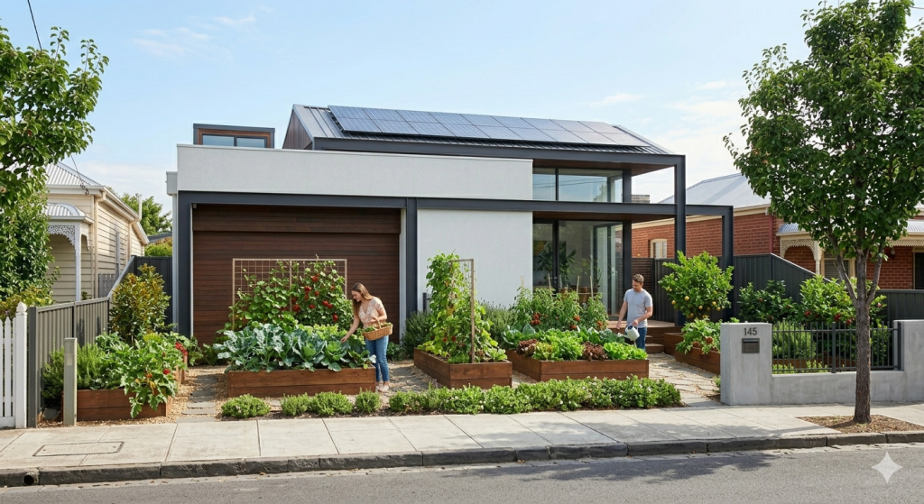 Casa urbana com recuo frontal produtivo de 60 metros quadrados une segurança, estética moderna e cultivo de alimentos