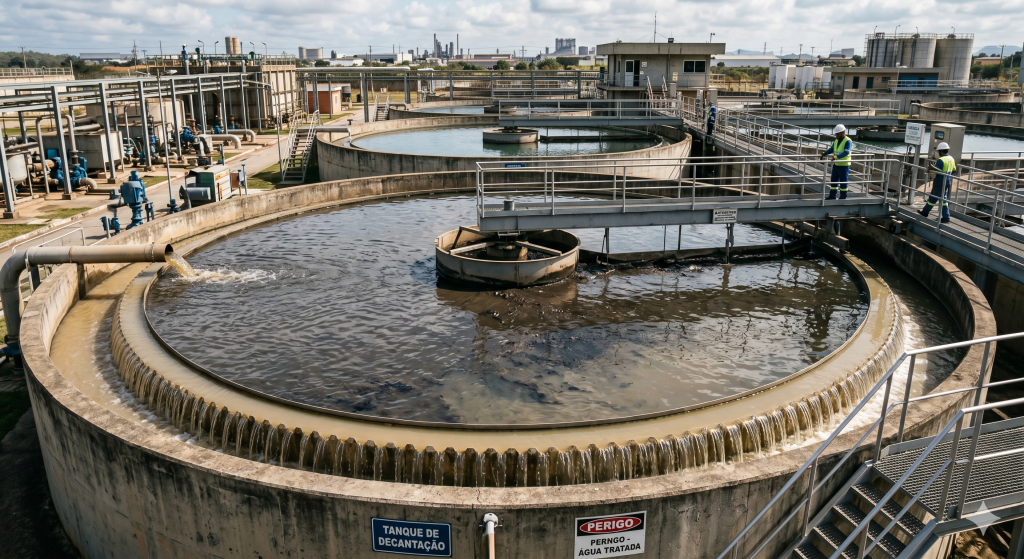 Separação de água, gás e óleo em grandes tanques