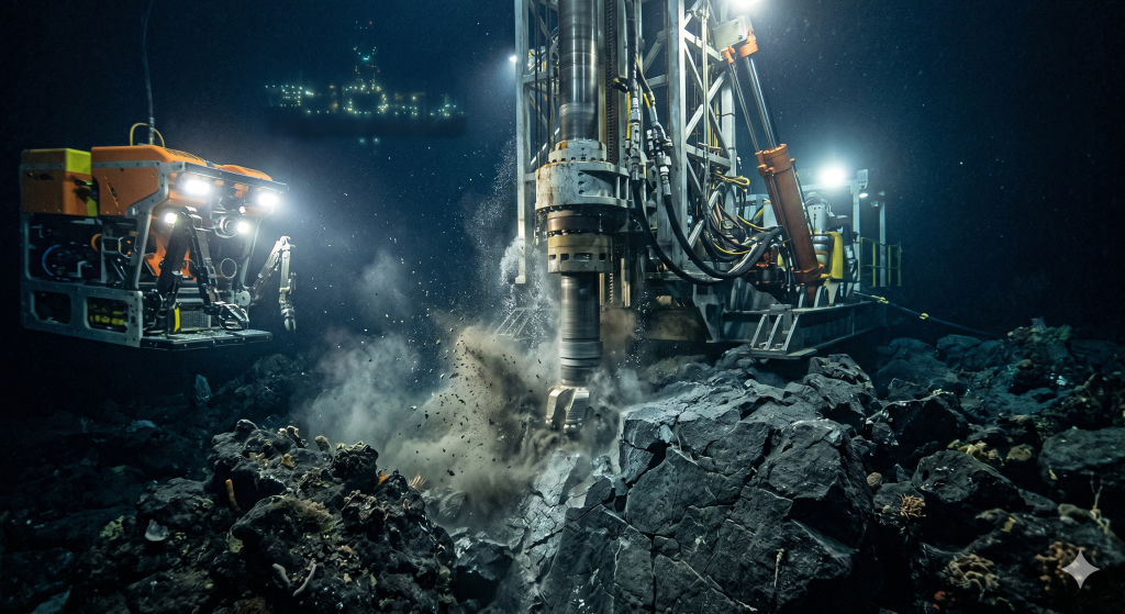 Perfuração de rochas gigantes no fundo do mar