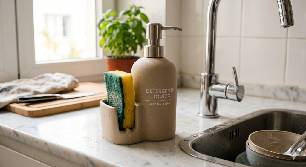 Dispensador de detergente com suporte para esponja