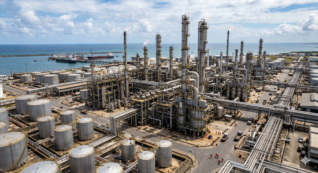 O refino de petróleo ferve o óleo bruto em torres para criar o diesel