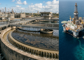 Separação de água, gás e óleo em grandes tanques