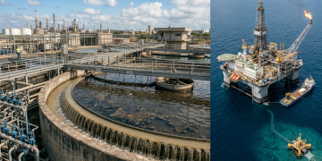 Separação de água, gás e óleo em grandes tanques