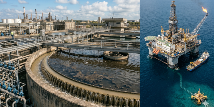 Separação de água, gás e óleo em grandes tanques