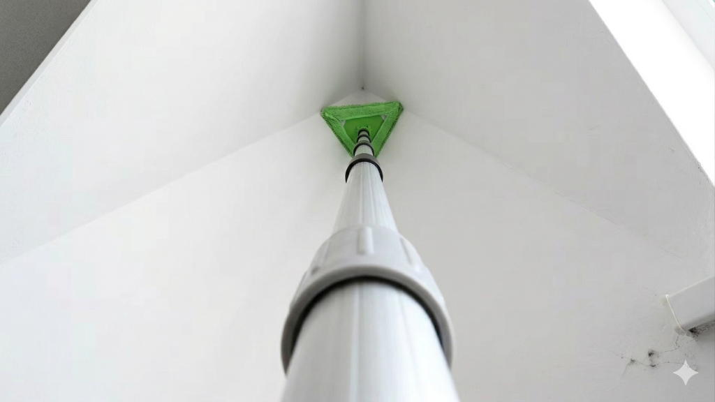 Mop de limpeza triangular que alcança até o teto vira o "braço direito" de quem cansou de subir em escada para limpar a casa