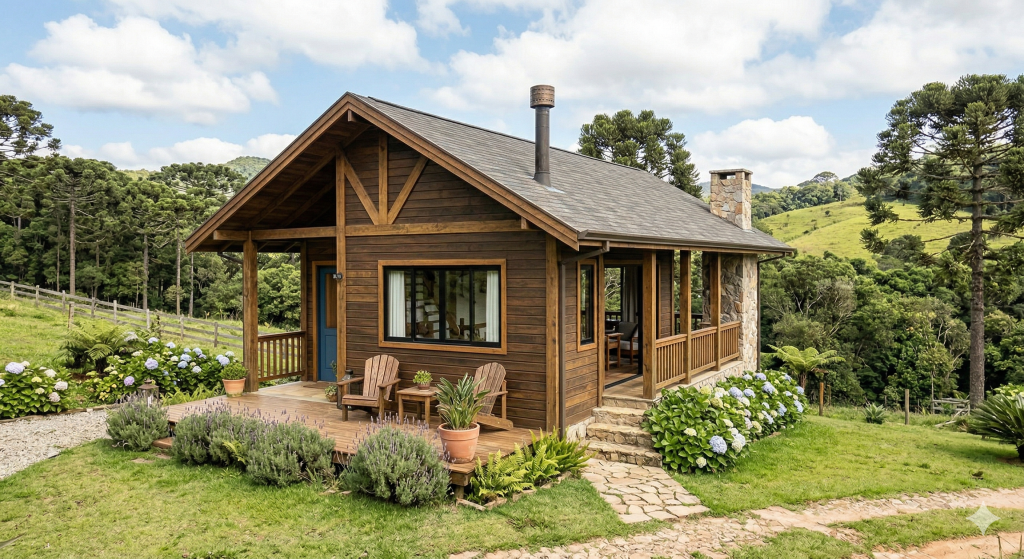 Casa de campo em Wood Frame de 90 metros quadrados: isolamento térmico e acabamento