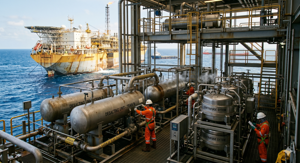 Limpeza e tratamento do óleo bruto em usinas flutuantes