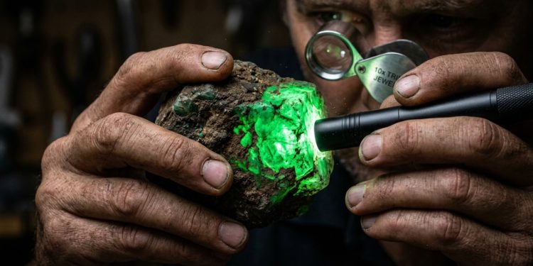Especialista utiliza lupa triplet para analisar a pureza de uma esmeralda bruta sobre mesa de luz
