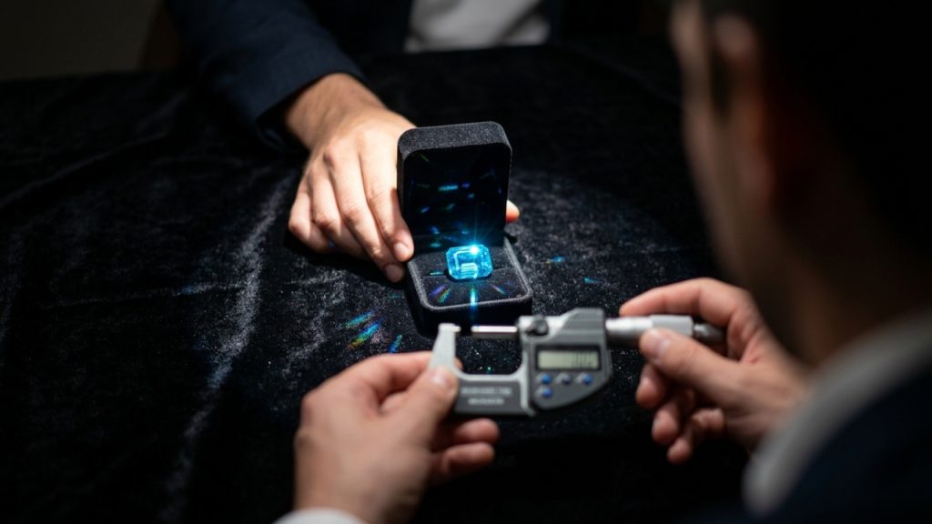 Especialista utiliza lupa triplet para analisar a pureza de uma esmeralda bruta sobre mesa de luz