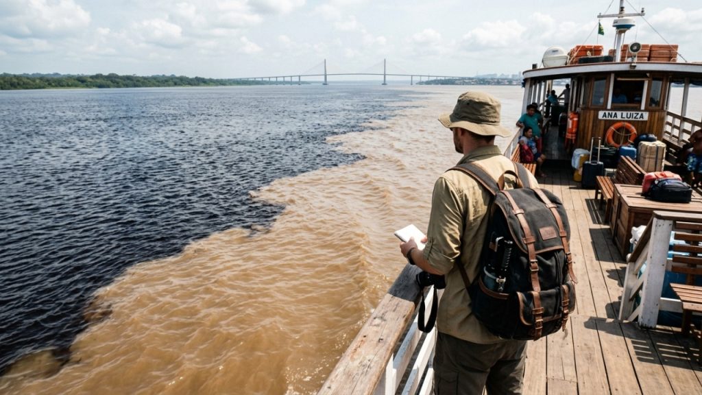 O fenômeno do Encontro das Águas em Manaus, detalhando suas causas científicas