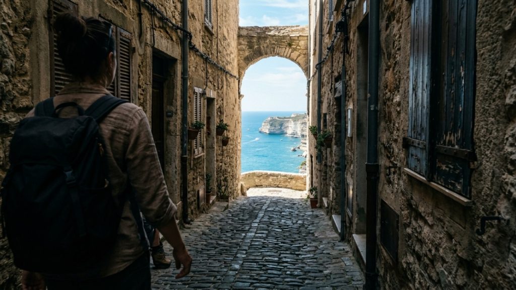 Cidade histórica construída sobre falésias no Mar Mediterrâneo