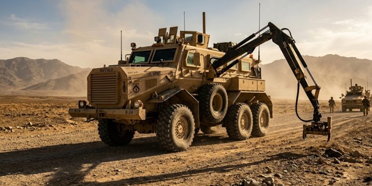 O blindado monstruoso de 6 rodas equipado com 1 braço robótico