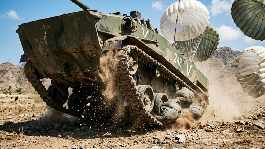 O tanque anfíbio tático que é lançado de paraquedas