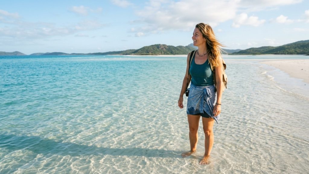 Apresentar Whitehaven Beach, destacando sua areia de sílica, beleza única e como visitá-la
