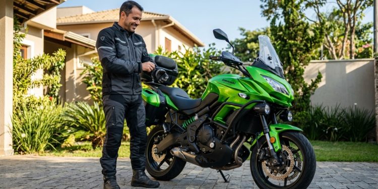 A estradeira verde que encara qualquer viagem com conforto de primeira classe já que conta com suspensão ajustável e um motor bicilíndrico extremamente confiável