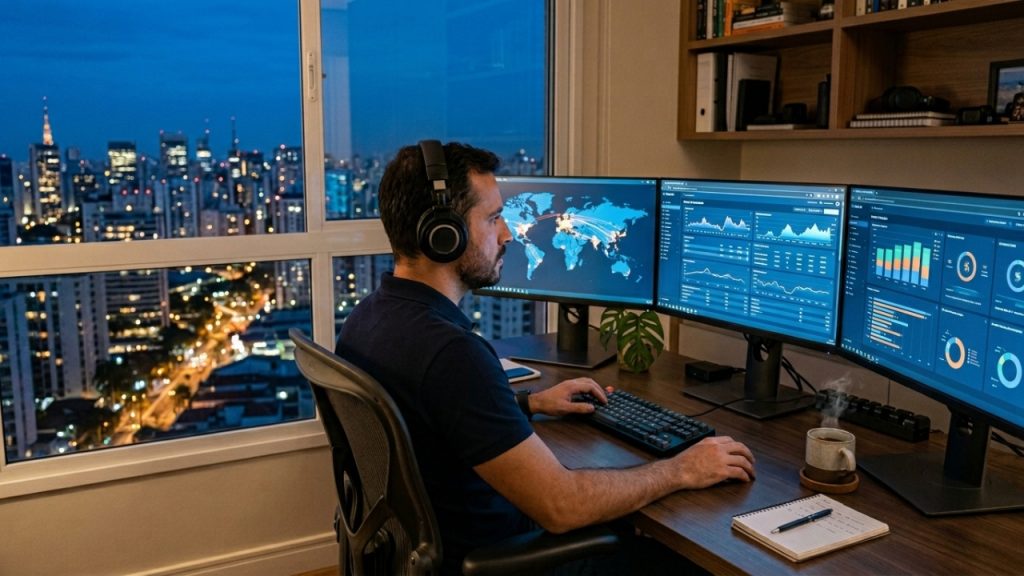First-person POV photography, wide-angle lens. The viewer's hands are resting behind their head in a gesture of absolute satisfaction. In front of them, the main monitor displays a clean, elegant notification: "Automation Successful: New Contract Signed - $4,000 USD". Visual hook: The soft, warm glow of the notification illuminating the dark room. Master lighting: Atmospheric office lighting at night, with dust beams caught in the monitor's light. Implied narrative: The silent relief of a system that works without human intervention. Shot on 20mm wide lens, hyper-realistic, deep blacks. AVOID / NEGATIVE: readable text, logos, watermarks, QR codes, UI overlays, subtitles, extra fingers, deformed hands, wrong finger count, mangled hands, asymmetrical faces, plastic skin, wax skin, uncanny expressions, stock photo smile, distorted perspective, cluttered scenes, busy backgrounds, HDR halos, oversharpening, cartoon, 3D render, anime, unrealistic lighting, fake CGI glow, dollar signs floating, 2D charts.