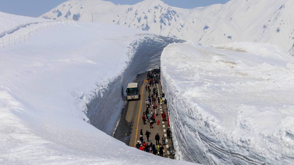 Com paredes de neve de até 20 metros de altura, a rota cênica no Japão surge como um corredor de gelo único na engenharia