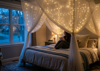 Transforme sua cama em um refúgio relaxante com um dossel! Veja os custos reais de tecido luzes e fixação sem furar paredes
