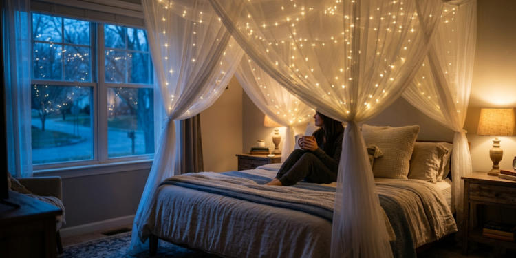 Transforme sua cama em um refúgio relaxante com um dossel! Veja os custos reais de tecido luzes e fixação sem furar paredes