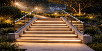 Instale fitas antiderrapantes discretas e perfis de alumínio na escada externa e evite quedas mesmo com chuva intensa sem perder a estética da área