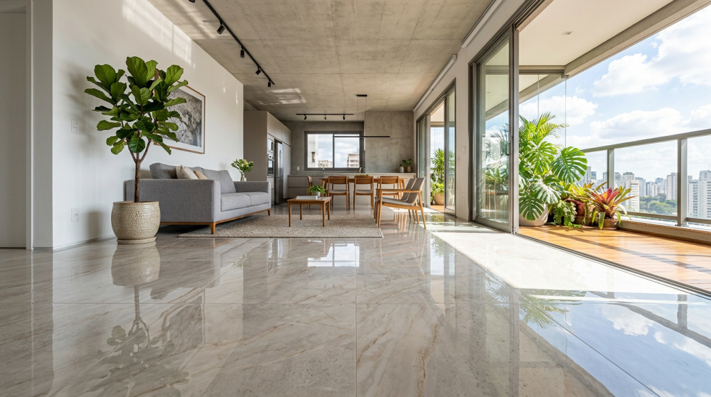 Como o porcelanato grande transforma ambientes integrados de 60 metros quadrados com mais amplitude