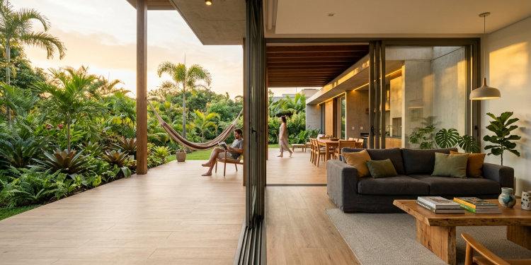 O trilho invisível que elimina degraus e integra sua sala ao jardim com perfeição