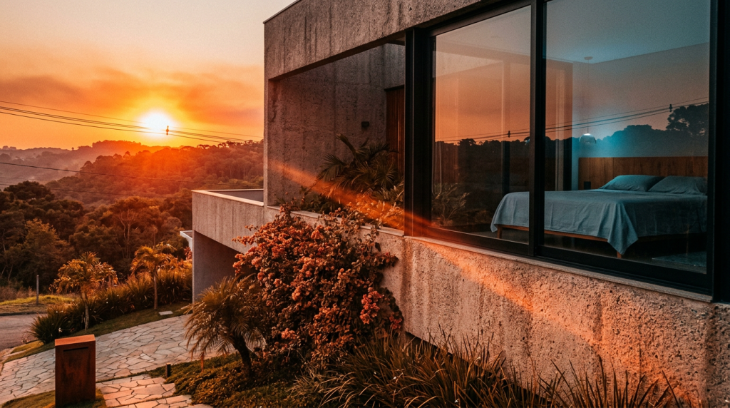 A parede dupla que funciona como um escudo térmico contra o sol forte da tarde