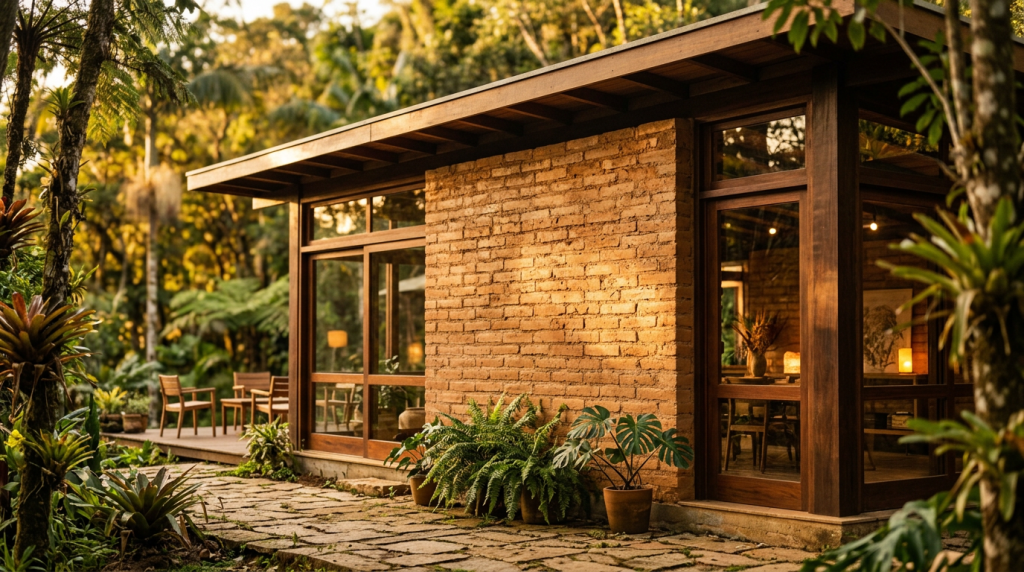 Casa compacta feita com tijolos de terra que não vão ao fogo e criam paredes que respiram e isolam o calor naturalmente