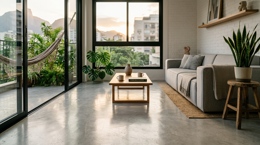 O piso de cimento queimado mais eficiente para casas compactas, conforto térmico e praticidade em um design moderno de 50 metros quadrados