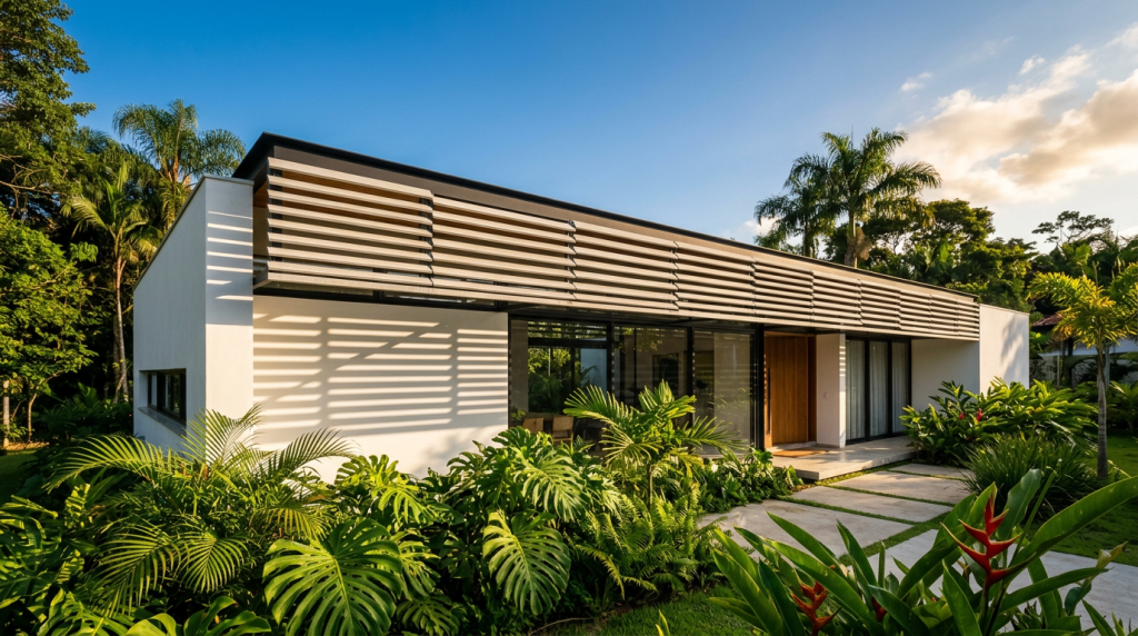 Como os shading boards em casas de 60 metros quadrados utilizam a geometria solar para o conforto térmico