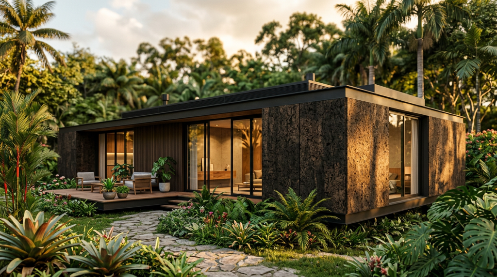 A "armadura" de cortiça que envolve a casa e funciona como um isolante térmico natural e sustentável contra o frio e o calor