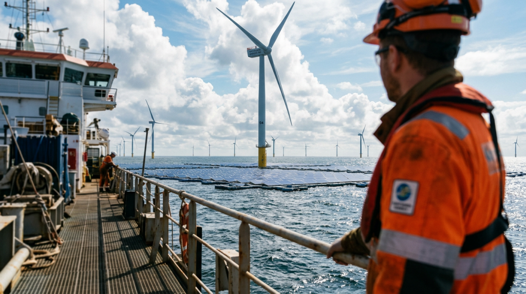 A monumental ilha de painéis solares flutuantes que suporta ondas de 10 metros para gerar energia no meio do mar alto